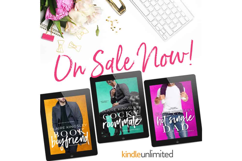 A white background with a keyboard, pink and white flowers and three tablets. Each displays one of the three book covers for the Book Boyfriends series. "On Sale Now!" is written above the tablets and "kindle unlimited" is below.