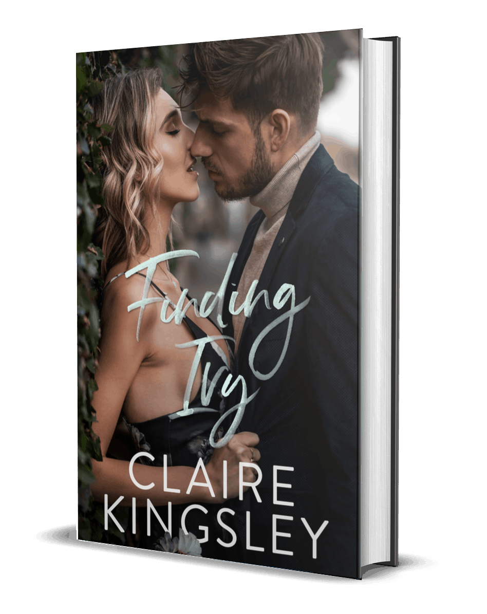The book cover for Finding Ivy, a stand alone romance by Claire Kingsley, is an image of a blonde woman pressed against a wall covered in ivy leaves. With her eyes closed and her mouth open she holds onto the jacket of the man standing in front of her as he leans his face down for a kiss.