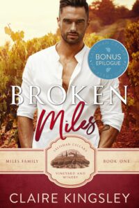 The bonus epilogue book cover for Broken Miles, a small-town romance by Claire Kingsley, is an image of a dark haired man in a white button down shirt standing in a vineyard with the sun setting in the background. He has his hands tucked into his pockets and a serious expression on his face. There are shades of dark red and white.