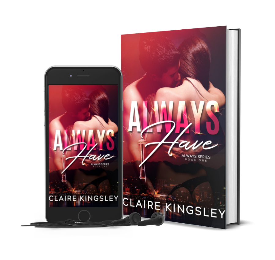 The book cover for Always Have, a hot friends to lovers romance by Claire Kingsley, is an image of a woman with brown hair being held in an embrace by a man, only the back of her is visible and he has one arm around her waist while his face is leaning into the side of her neck. There are shades of red and white. Next to the book is a phone showing the cover with a pair of wired earbuds.