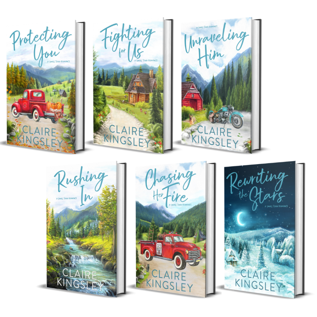 Six paperback books. Each displays one of the six book covers for the Bailey Brothers series by Claire Kingsley.