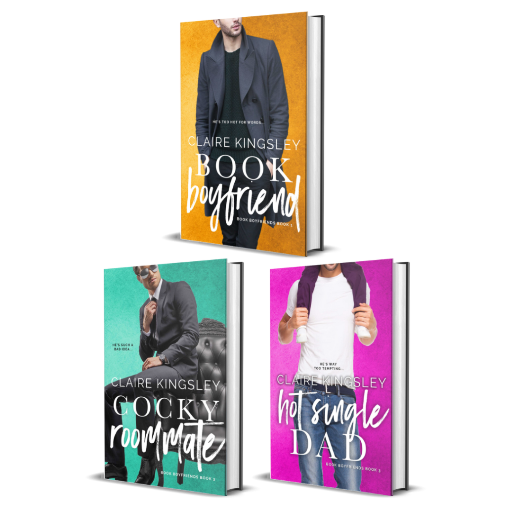 Three paperback books. Each displays one of the three book covers for the Book Boyfriends series by Claire Kingsley.