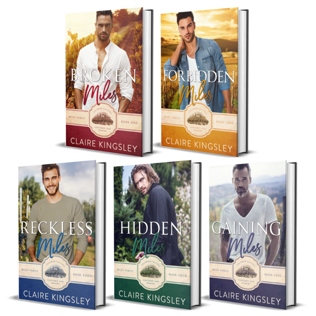 Five paperback books. Each displays one of the five book covers for the Miles Family series by Claire Kingsley.