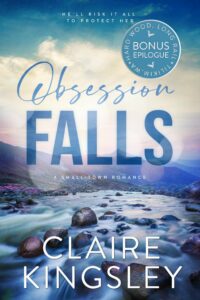 The bonus epilogue book cover for Obsession Falls, a small-town romance by Claire Kingsley, is an image of a misty river at dawn flowing between two rocky hillsides with mountains in the distance. There are tones of blue, purple, and green.