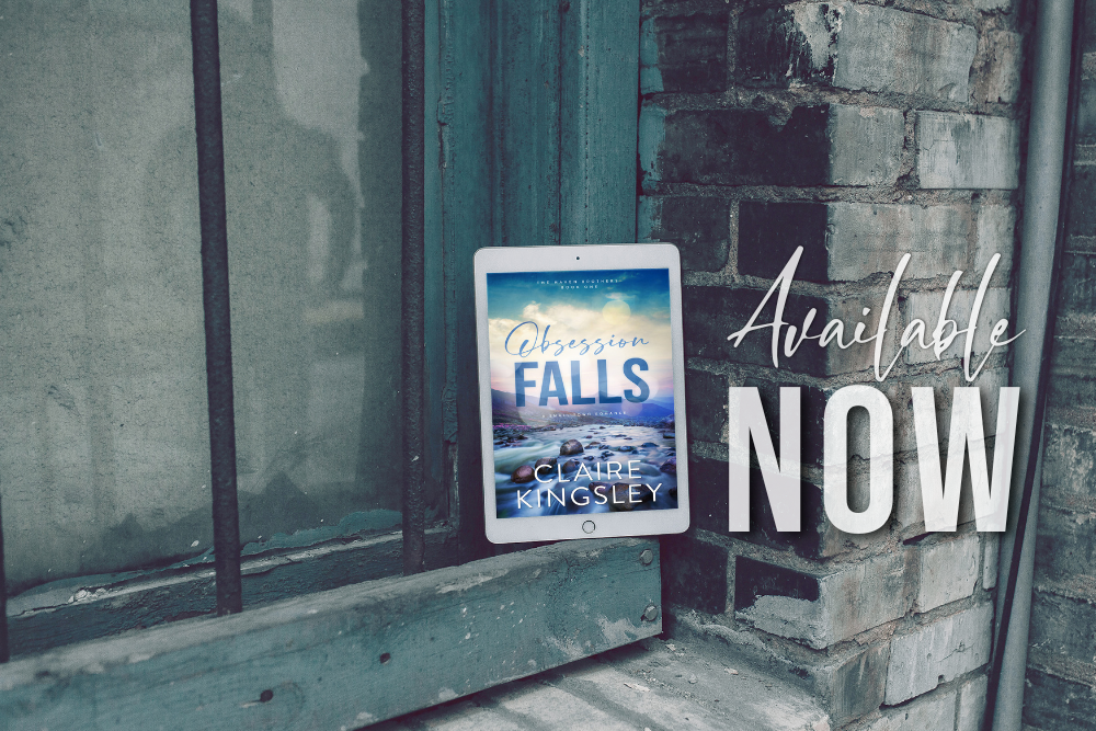 An old brick building with bars over the window. A reflection of a shadowed figure can be seen in the glass. A tablet displaying the cover of Obsession Falls by Claire Kingsley rests on the window ledge next to the text: "Available Now."