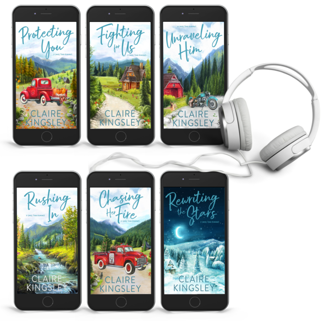 Six smart phones displaying the covers of each Bailey Brothers book. There is a pair of headphones next to the phones.