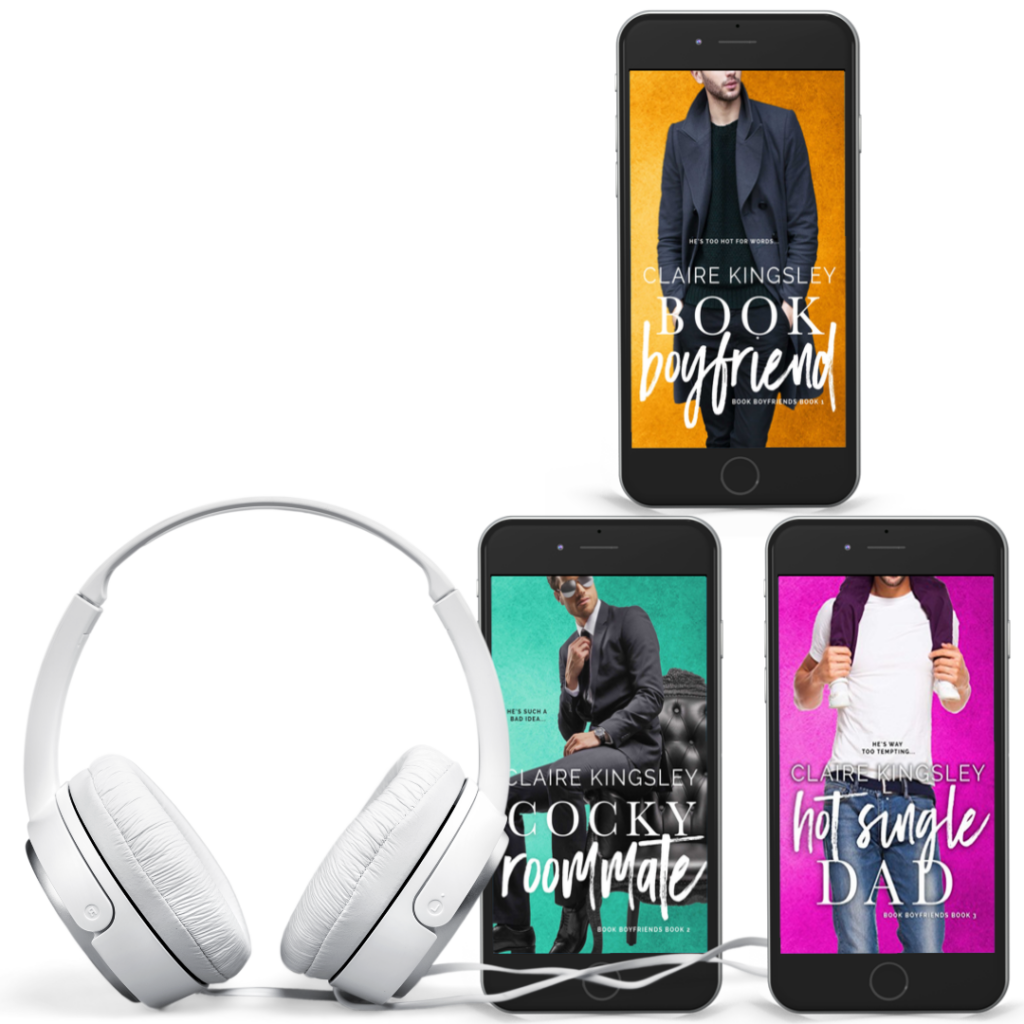 Three smart phones displaying the covers of each Book Boyfriend series book. There is a pair of headphones next to the phones.