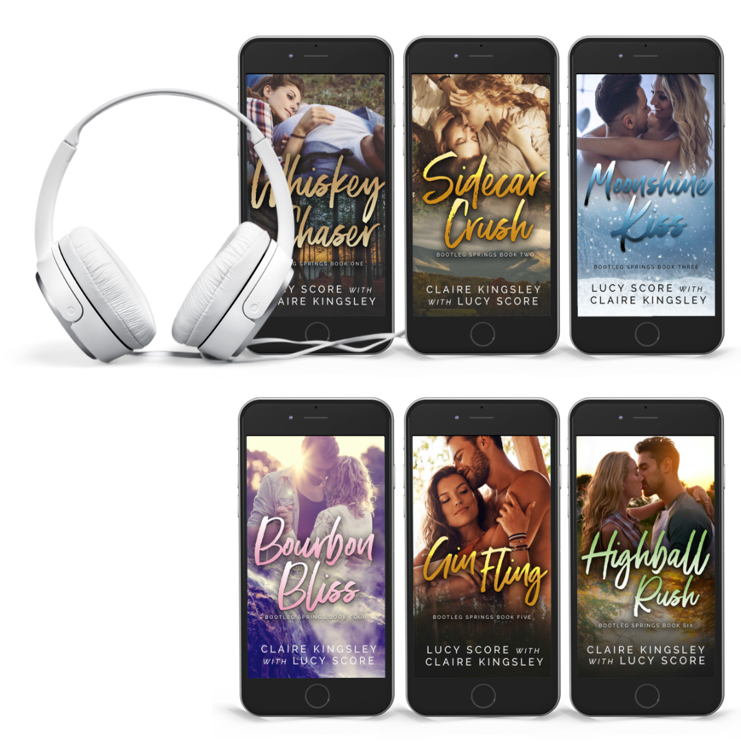 Six smart phones displaying the covers of each Bootleg Springs book. There is a pair of headphones next to the phones.