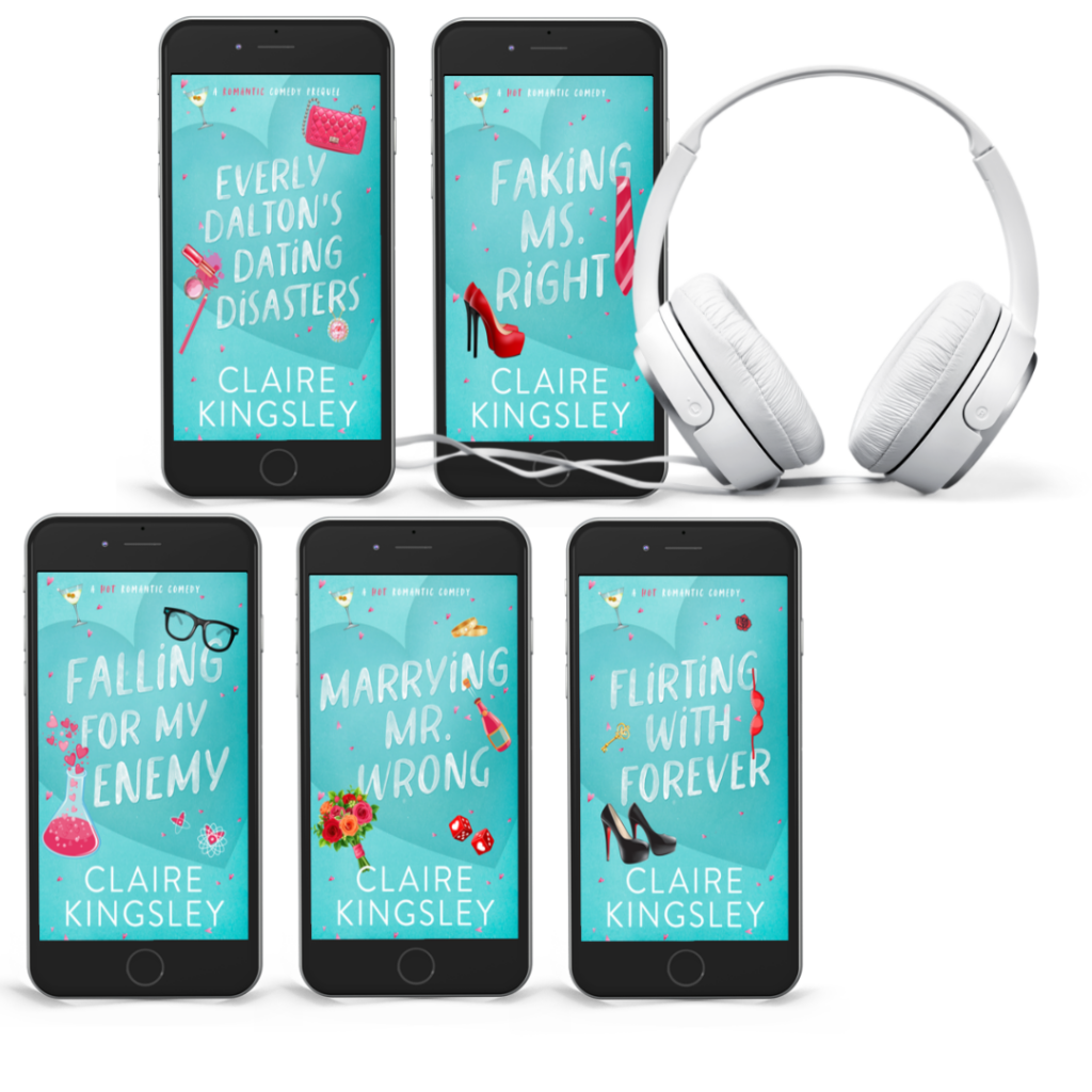 Five smart phones displaying the covers of each Dirty Martini book. There is a pair of headphones next to the phones.