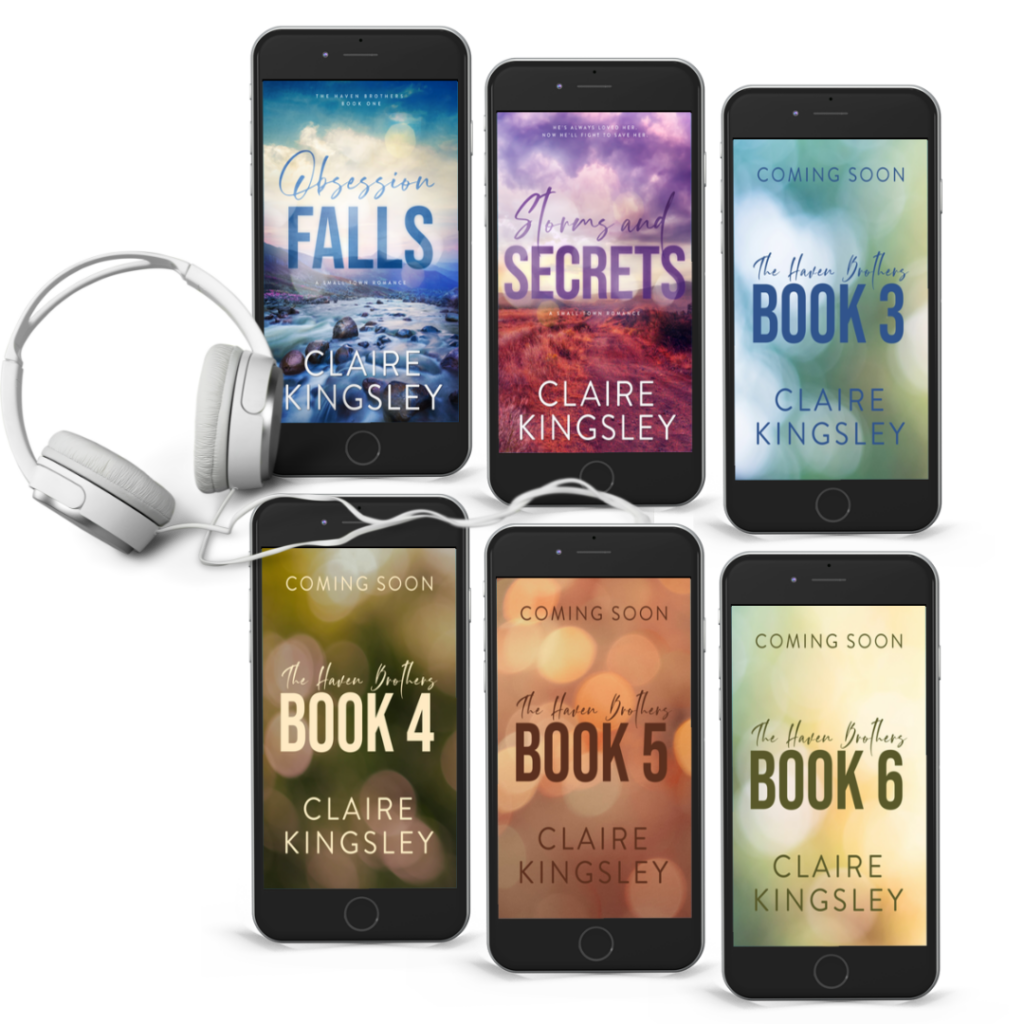 Six smart phones, the first is displaying the cover of Obsession Falls, the second is showing the cover of Storms and Secrets, the remaining are displaying placeholders. There is a pair of headphones next to the phones.