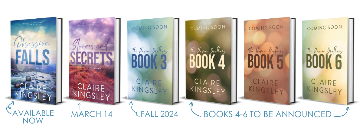 Six books, the first is displaying the cover of Obsession Falls, the second is showing the cover of Storms and Secrets, the remaining are displaying placeholders.