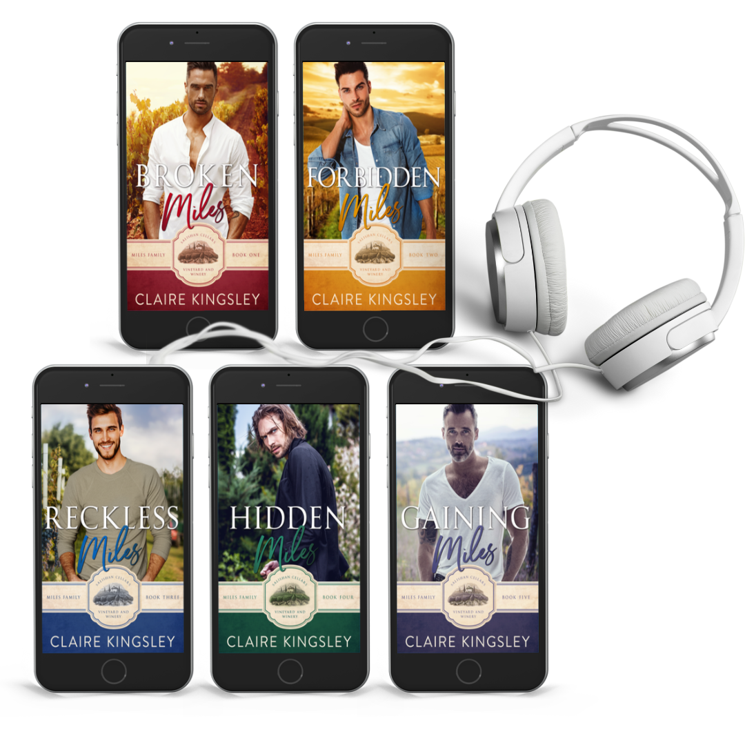 Five smart phones displaying the covers of each Miles Family book. There is a pair of headphones next to the phones.